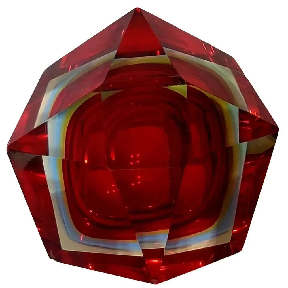 MCM RED MURANO SOMMERSO MANDRUZZATO GEOMETRIC FACETED GLASS CANDLE HOLDER AS IS‎